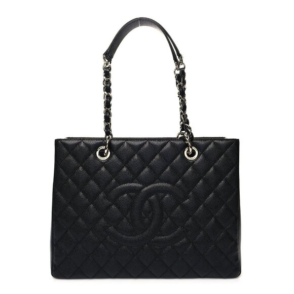 Authentic CHANEL GST Caviar Grand Shopping Tote Quilted Chain Shoulder Bag Purse